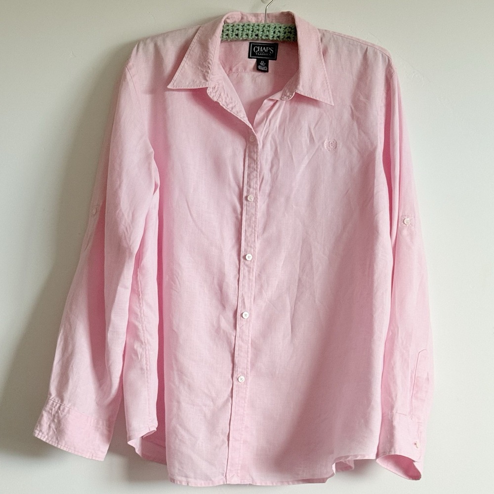 Chaps Pink Linen Button Up Shirt Women's XL Career Preppy Pastel Old‎ Money